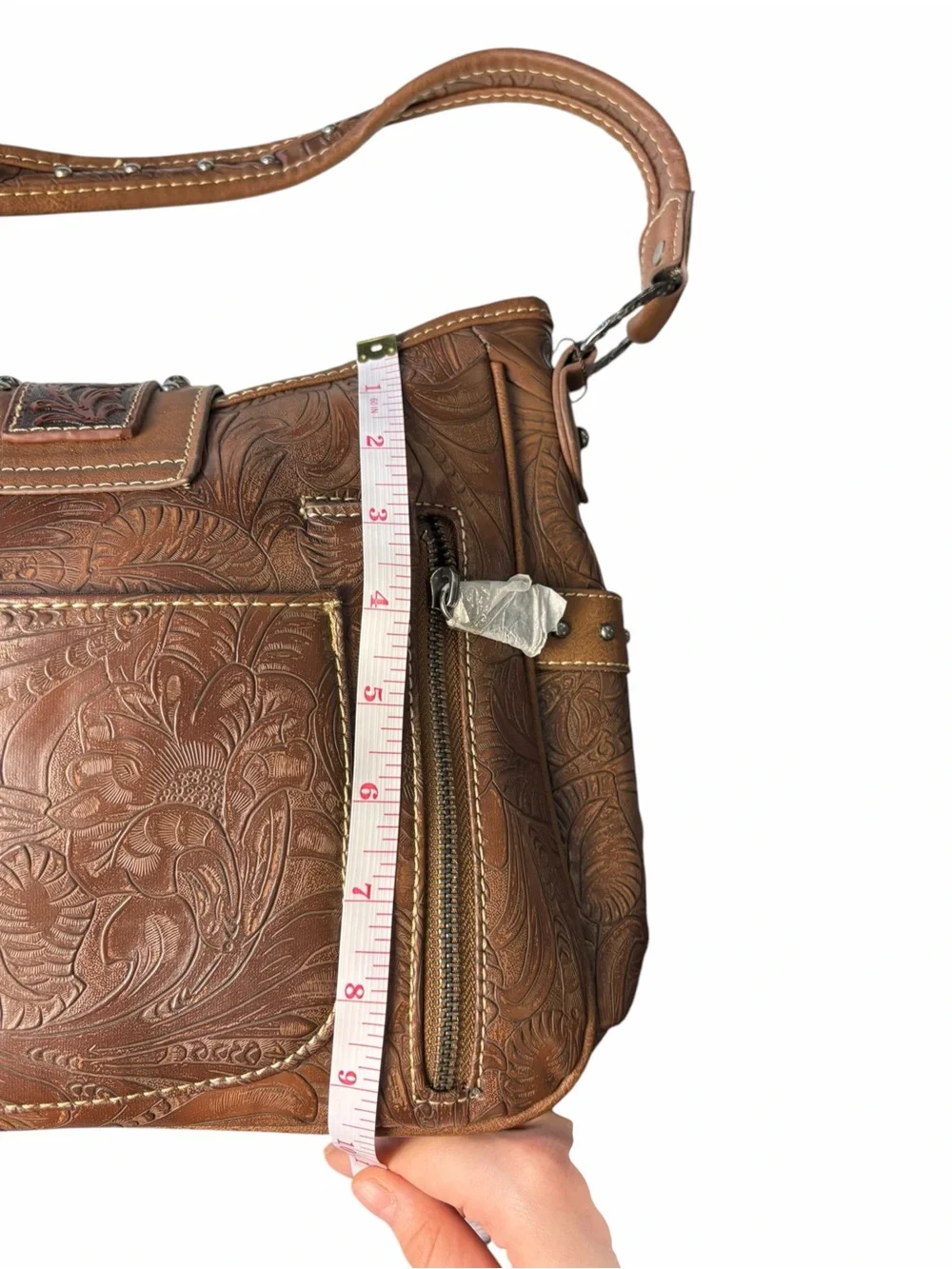 Trinity Ranch Tooled Leather Brown Purse Turquoise Stones Fringe Zippered Pocket